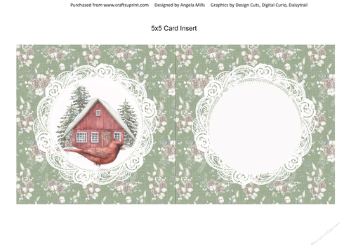 Christmas Scenes 13 Snowy Cottage & Red Cardinal 5 x 5 Card Insert, Green/Lace Floral Background