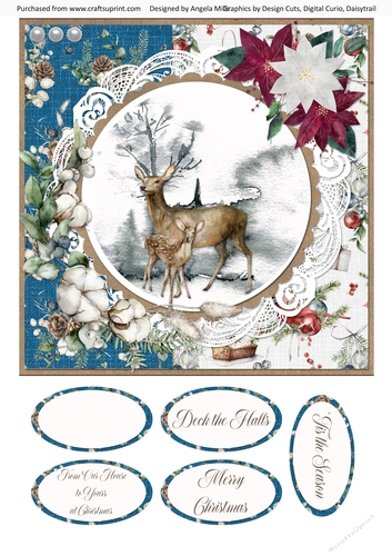 Christmas Scenes 14 Snowy Doe & Faun 8 x 8 Card Front with Sentiments, Blue/Red/White