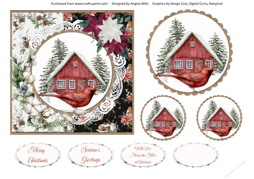 Christmas Scenes 15 Snowy Cottage & Red Cardinal 6 x 6 Card Front with Toppers and Sentiments