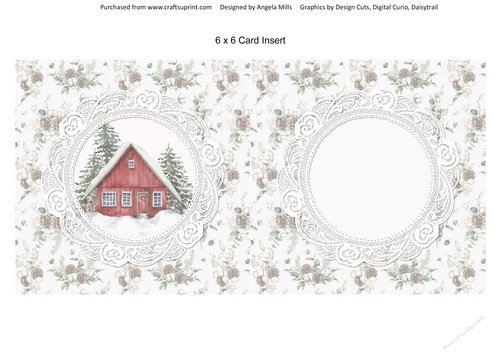 Christmas Scenes 15 Snowy Cottage & Red Cardinal 6 x 6 Card Insert with Winter Floral/White Background