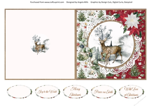 Christmas Scenes 16 Snowy Doe & Faun 5 x 5 Cut & Fold Card with Sentiments, Red/Green/White