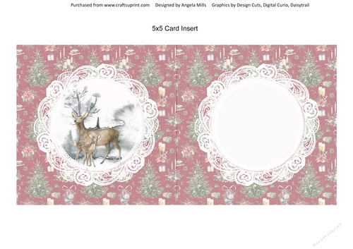 Christmas Scenes 16 Snowy Doe & Faun 5 x 5 Card Insert with Red Green Christmas Background