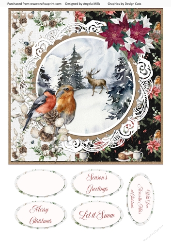 Christmas Scenes 17 Snowy Robin & Bullfinch 8 x 8 Card Front with Sentiments Red/Black/White