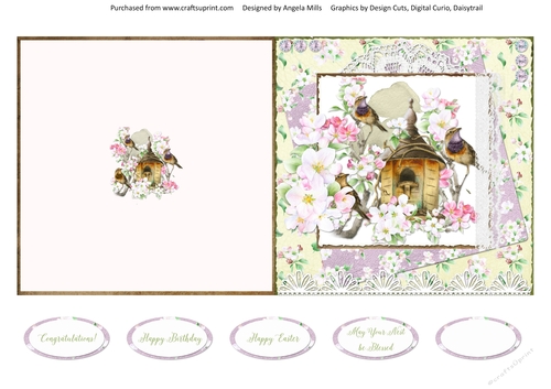 Spring Birdsong 6 5x5 Cut & Fold Card with Sentiments, Yellow Green/Violet