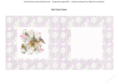 Spring Birdsong 6 5x5 Card Insert, Violet/White Floral Background, Blank