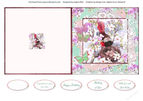 Spring Birdsong 9 5 x 5 Quick Cut & Fold Card with Sentiments, Pink/Green