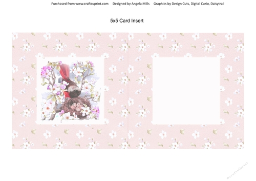 Spring Birdsong 9 5 x 5 Card Insert with Pink/White Blossom Background