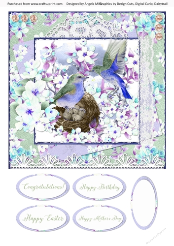 Spring Birdsong 10 8 x 8 Card Front with Sentiments, Blue/Green/Lilac