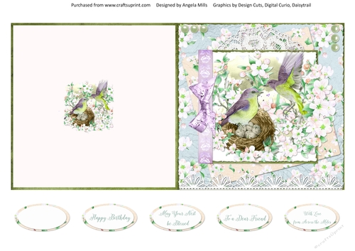 Spring Birdsong 12 5 x 5 Quick Cut & Fold Card with Sentiments, Green/Blue/Lilac