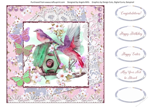 Spring Birdsong 13 8 x 8 Card Front with Sentiments, Pink/Green/Lilac