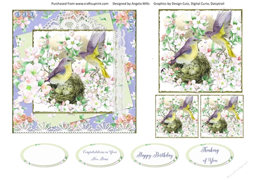 Spring Birdsong 14 6 x 6 Card Front with Toppers and Sentiments, Lilac/Green/Peach