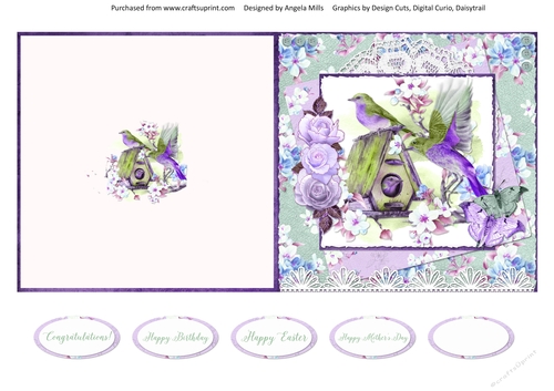 Spring Birdsong 15 5 x 5 Quick Cut & Fold Card with Sentiments, Blue/Lilac/Green