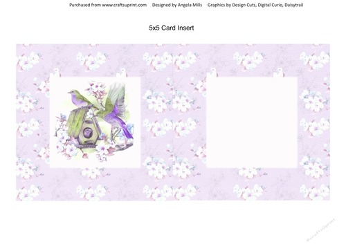 Spring Birdsong 15 5 x 5 Card Insert with Lilac/White Floral Background, Blank