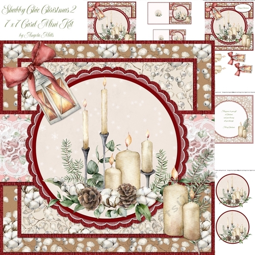 Shabby Chic Christmas 2/Christmas Candles 7x7 Card Mini-Kit, 6 Sheets, Ivory/Red