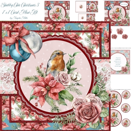 Shabby Chic Christmas 3/Christmas Robin 7x7 Card Mini-Kit, 6 Sheets, Teal/Pink/Red