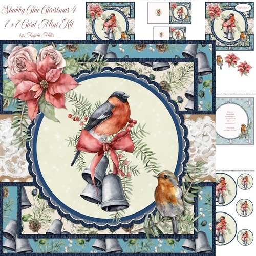 Shabby Chic Christmas 4/Bullfinch & Bells 7x7 Card Mini-Kit, 6 Sheets, Teal/Cream/Blue