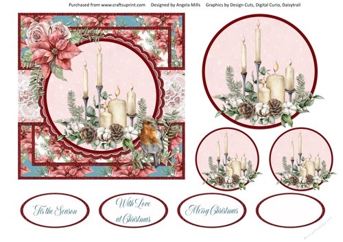 Shabby Chic Christmas 8/Christmas Candles 6 x 6 Card Front with Toppers and Sentiments