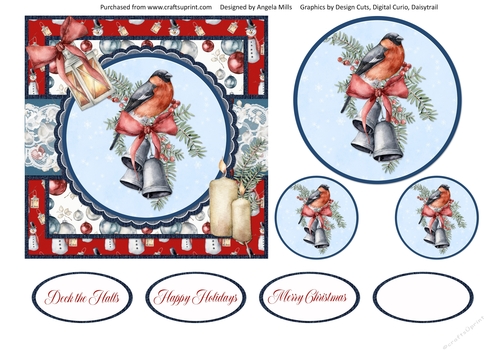 Shabby Chic Christmas 14/Bullfinch & Bells 6 x 6 Card Front with Toppers and Sentiments