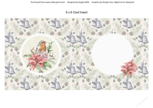 Shabby Chic Christmas 11/Robin & Poinsettias 6 x 6 Card insert, Ivory Floral Bells Background