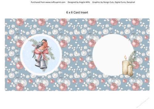 Shabby Chic Christmas 14/Bullfinch & Bells 6 x 6 Card insert, Blue & Red Baubles Background