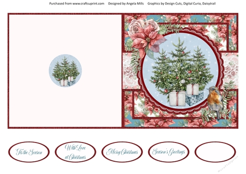 Shabby Chic Christmas 6/Christmas Trees 5 x 5 Cut & Fold Card with Sentiments