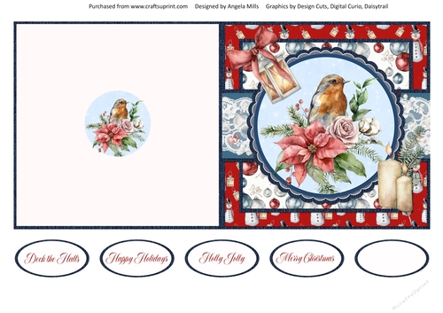 Shabby Chic Christmas12/Robin & Poinsettias 5 x 5 Cut & Fold Card with Sentiments