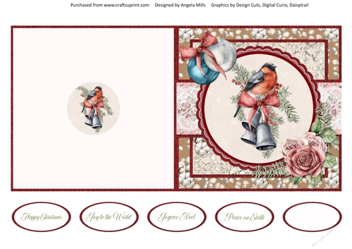 Shabby Chic Christmas15/Bullfinch & Bells 5 x 5 Cut & Fold Card with Sentiments
