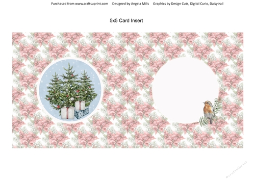 Shabby Chic Christmas 6/Christmas Trees 5 x 5 Card Insert with Red/White Poinsettias Background