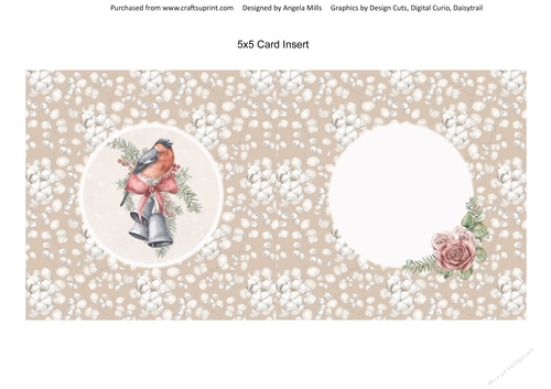 Shabby Chic Christmas15/Bullfinch & Bells 5 x 5 Card Insert, Fawn/White Cotton Flower Background