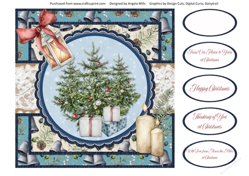 Shabby Chic Christmas 7/Christmas Trees 8 x 8 Card Front with Sentiments, Teal/Blue/Ivory