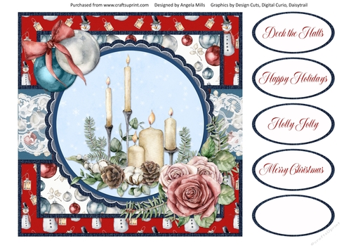 Shabby Chic Christmas 10/Christmas Candles 8 x 8 Card Front wih Sentiments, Red, Blue, White