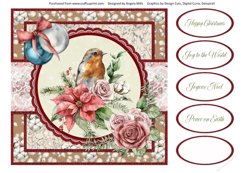 Shabby Chic Christmas 13/Robin & Poinsettias 8 x 8 Card Front wih Sentiments,  Fawn/Ivory/Pink