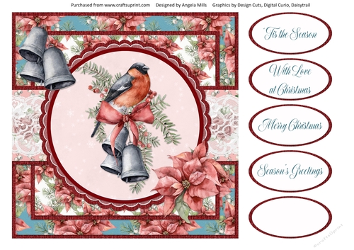 Shabby Chic Christmas 16/Bullfinch & Bells 8 x 8 Card Front wih Sentiments,  Teal/Red/Pink