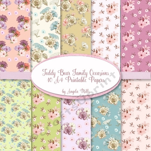 Teddy Bear Family Occasions Paper Kit - 10 A4 Papers Pink/Green/Peach/Teal