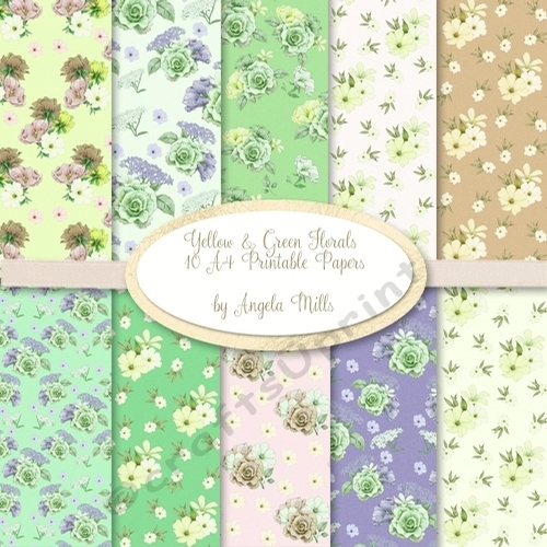 A4 Floral Roses & Blossoms Background Paper Kit, 10 Printable Papers Green/Yellow/Lavender