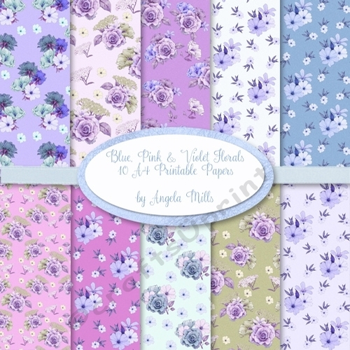 A4 Floral Roses & Blossoms Background Paper Kit, 10 Printable Papers Blue/Pink/Lilac