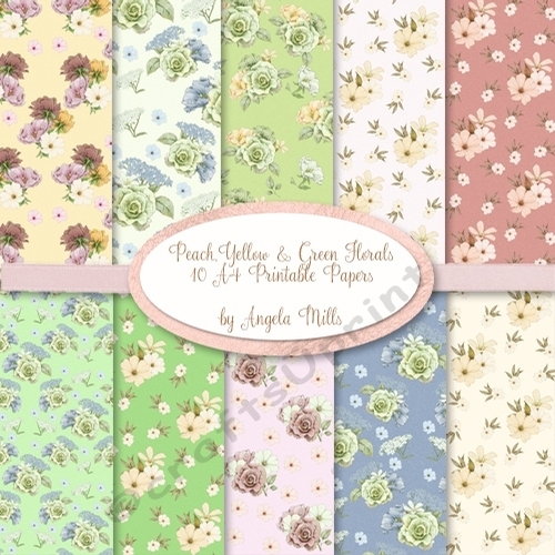 A4 Floral Roses & Blossoms Background Paper Kit, 10 Printable Papers Green/Cream/Peach/Blue