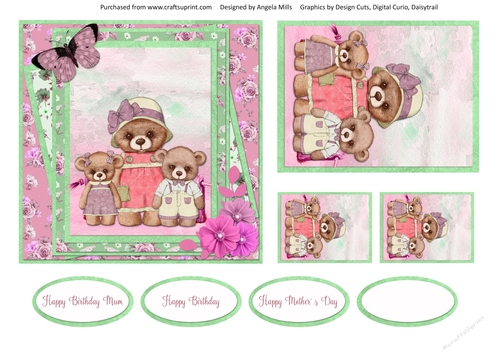 Teddy Bear Family Occasions 5: Mum 6x6 Card Front with Toppers and Sentiments, Pink/Green