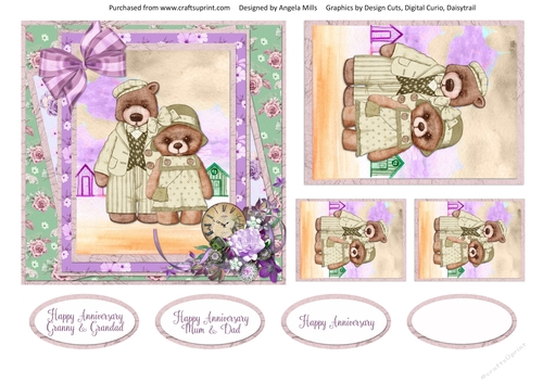 Teddy Bear Family Occasions 11: Anniversary 6x6 Card Front with Toppers and Sentiments, Lilac/Green