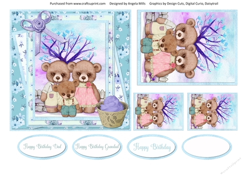 Teddy Bear Family Occasions 14: Birthday Dad/Grandad 6x6 Card Front with Toppers and Sentiments, Lilac/Green