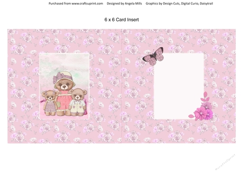 Teddy Bear Family Occasions 5: Mum 6 x 6 Card Insert, Pink Roses Floral Background