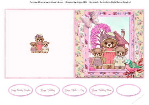 Teddy Bear Family Occasions 6: Mum/Daughter 5 x 5 Quick Cut & Fold Card with Sentiments, Pink/Yellow