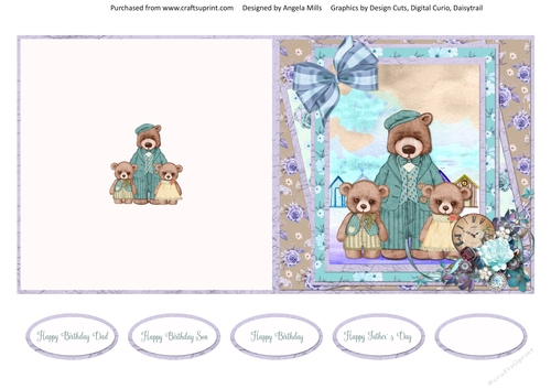 Teddy Bear Family Occasions 9: Dad/Son 5 x 5 Quick Cut & Fold Card with Sentiments, Teal/Aqua/Fawn