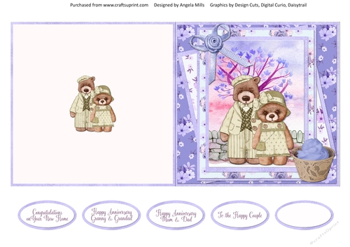 Teddy Bear Family Occasions 12: Anniversary 5 x 5 Quick Cut & Fold Card with Sentiments, Lavender/Cream/Green