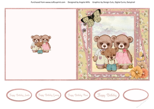 Teddy Bear Family Occasions 15: Birthday Mum/Granny/Auntie 5 x 5 Quick Cut & Fold Card, Peach/Yellow