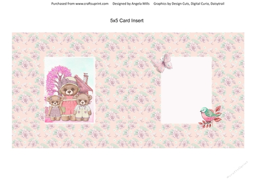 Teddy Bear Family Occasions 6: Mum/Daughter 5 x 5 Card Insert, Peach/Pink Floral Background