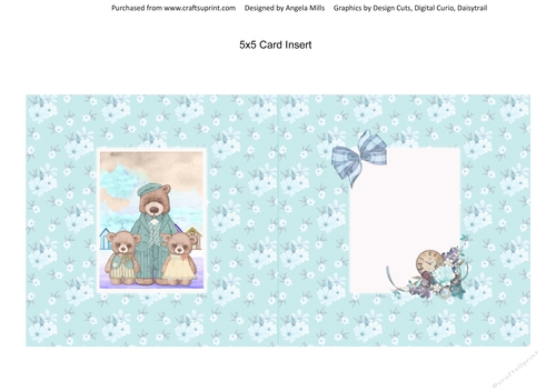 Teddy Bear Family Occasions 9: Dad/Son 5 x 5 Card Insert, Aqua Floral Background