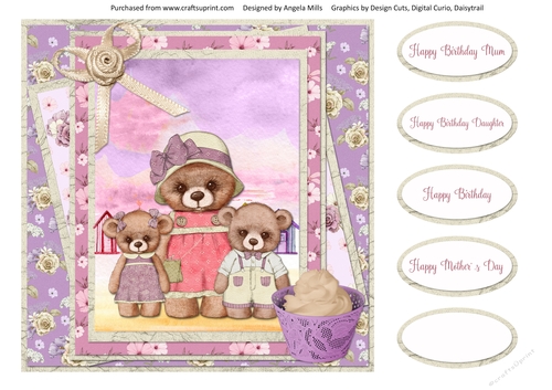 Teddy Bear Family Occasions 7: Mum/Daughter 8 x 8 Card Front with Sentiments, Pink/Lilac