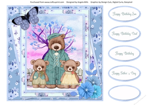 Teddy Bear Family Occasions 10: Dad/Son 8 x 8 Card Front with Sentiments, Teal/Blue