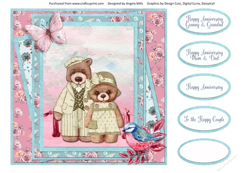Teddy Bear Family Occasions 13: Anniversary 8 x 8 Card Front with Sentiments, Pinkl/Blue